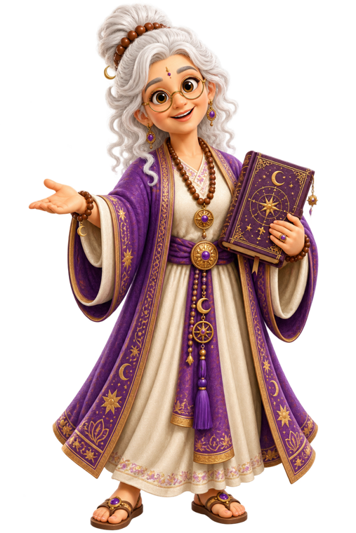 Friendly NUMEROBIZ astrologer holding a birth chart book