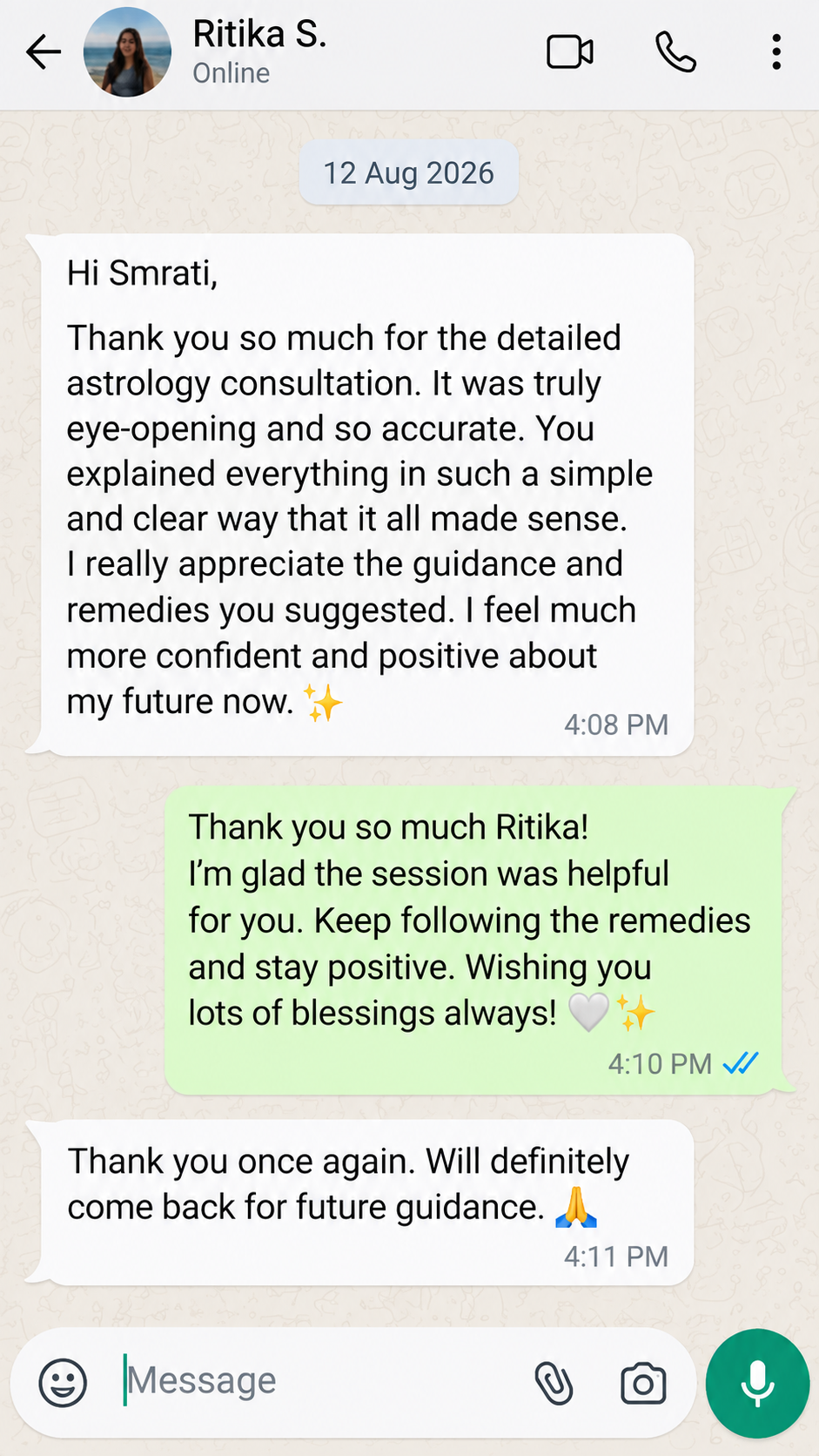 WhatsApp message from student Ritika S. praising the detailed and accurate astrology consultation