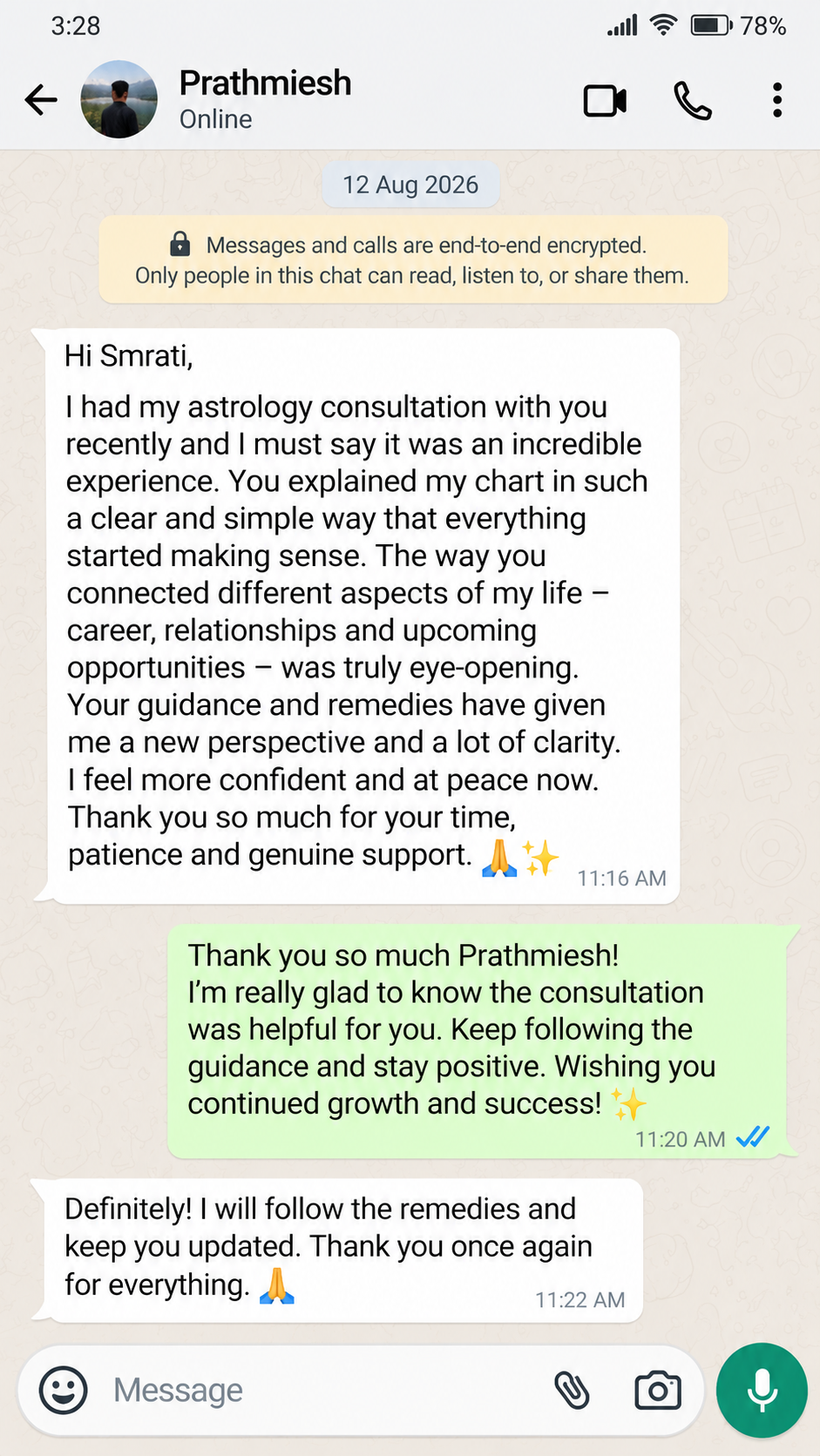 WhatsApp message from student Prathmiesh thanking NUMEROBIZ for an eye-opening astrology consultation