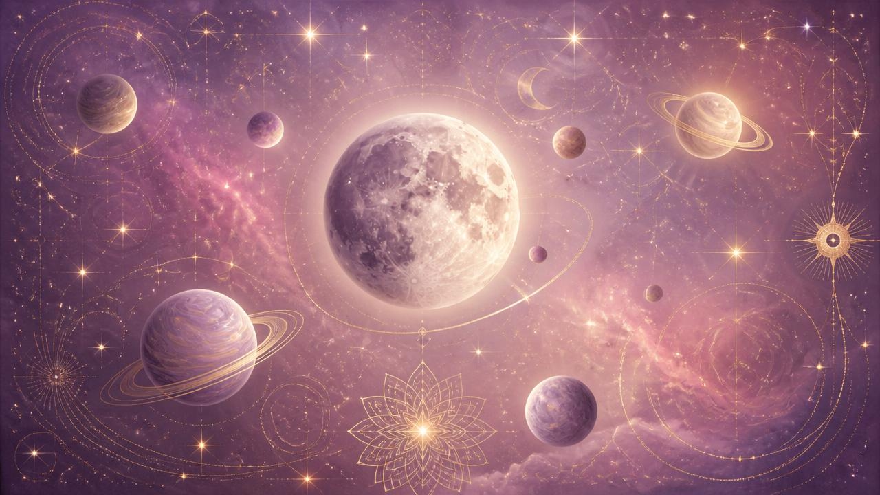 Cosmic scene of glowing planets, the moon and golden star constellations