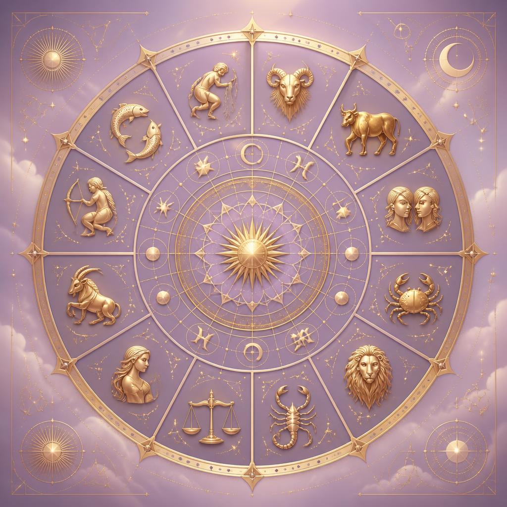 Golden zodiac wheel showing the twelve astrological houses and signs